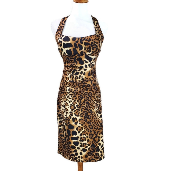 Cache Leopard Halter Dress Animal Print Cheetah Sexy Fall Trend Body Con Ruched - Picture 1 of 12